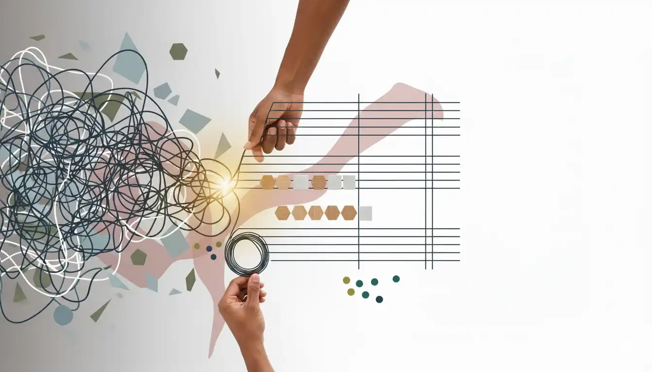 Visual metaphor showing transformation from tangled chaos to organized systems